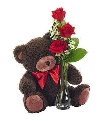 Classic Bud Vase Roses with Bear